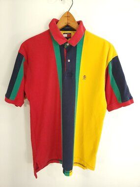 Vtg Tommy Hilfiger Polo Shirt Men's Large Navy Blue Green Yellow Red Distressed